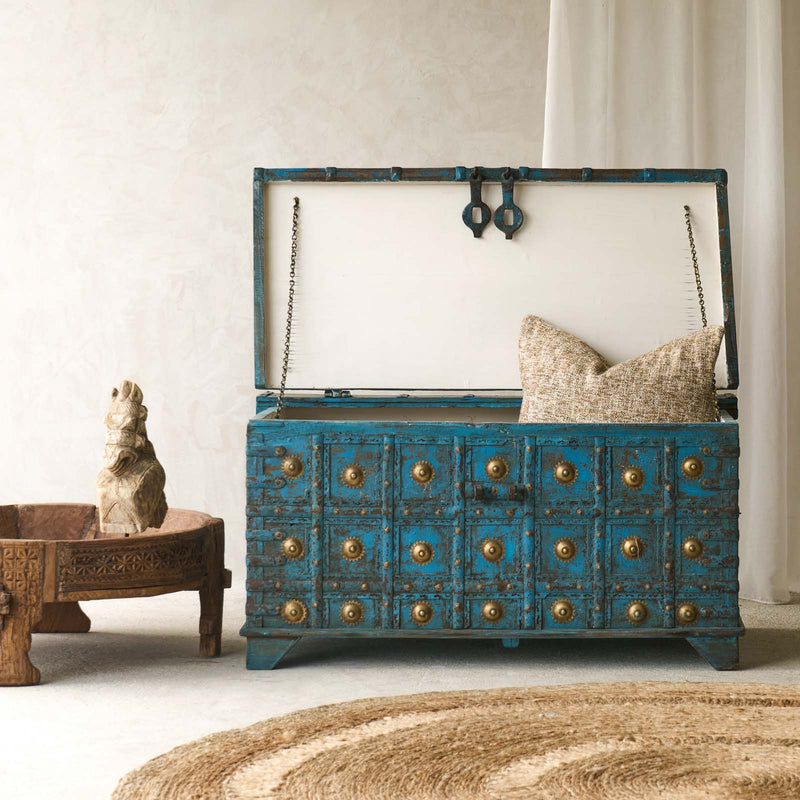 Vintage Chest with Brass Motif | Bluewash