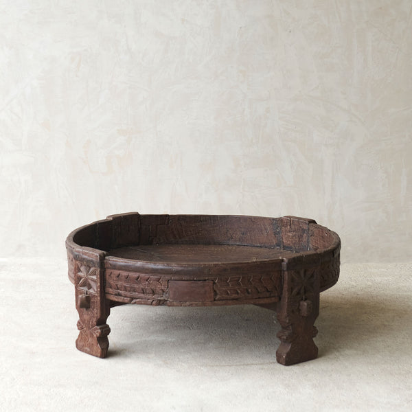 Teak Carved Corn Grinder Low Coffee Table