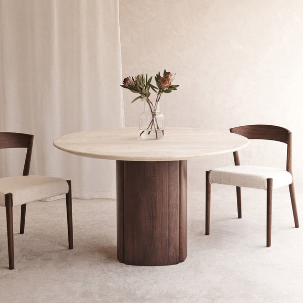 Tathra Round Dining Table | Travertine with Walnut Base