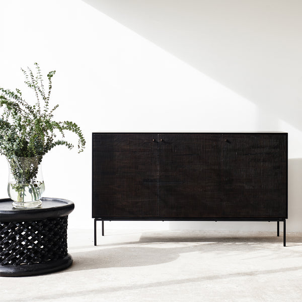 Ethnicraft Grooves Teak Sideboard 3 doors crafted with FSC certified sustainably sourced teak with adjustable shelves - $3280