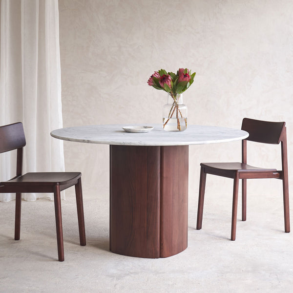 Tathra Round Dining Table | Marble with Walnut Base